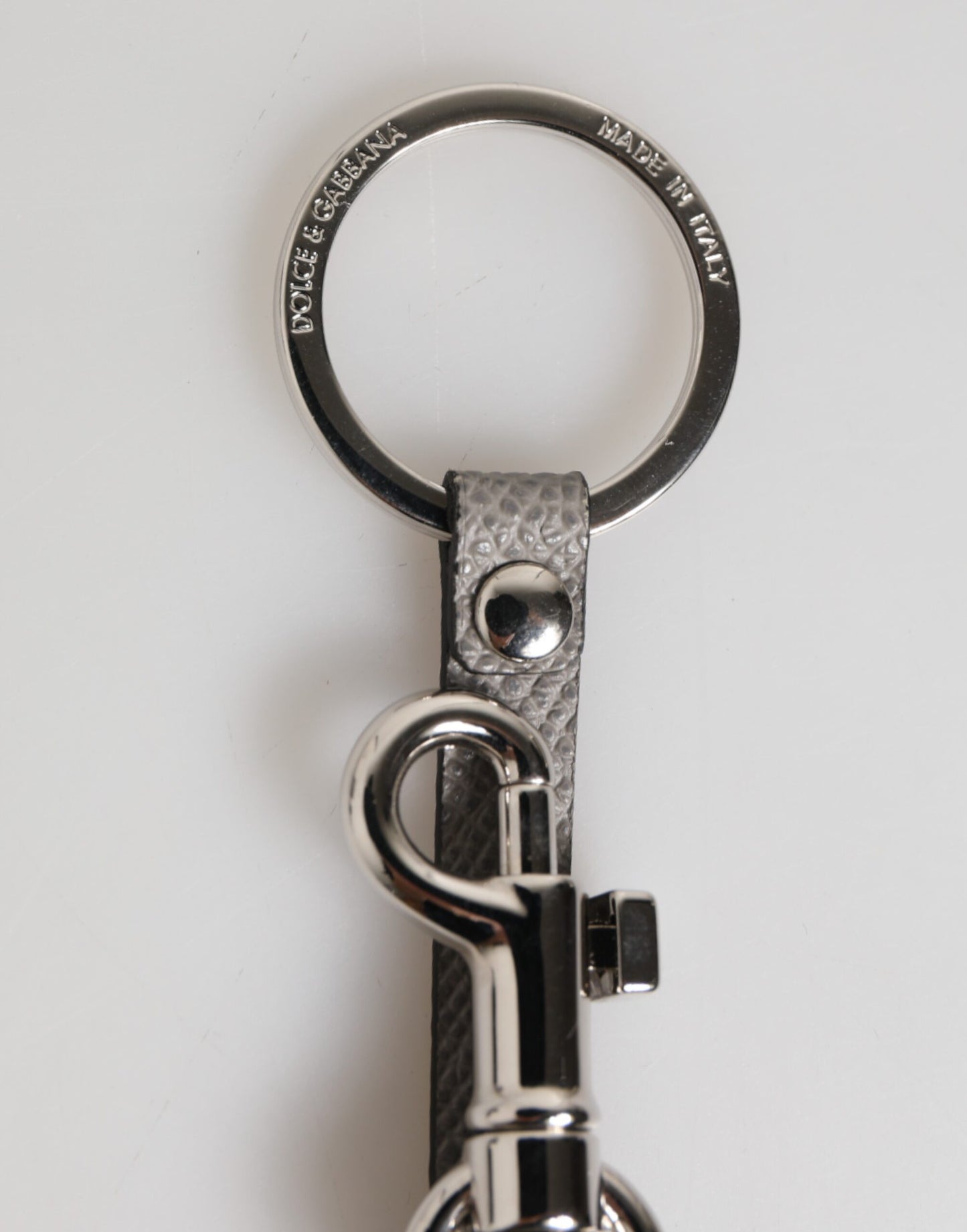 Gray Leather Logo Metal Ring Keychain Holder Men Keyring-Dolce & Gabbana-LabelTerrace.com