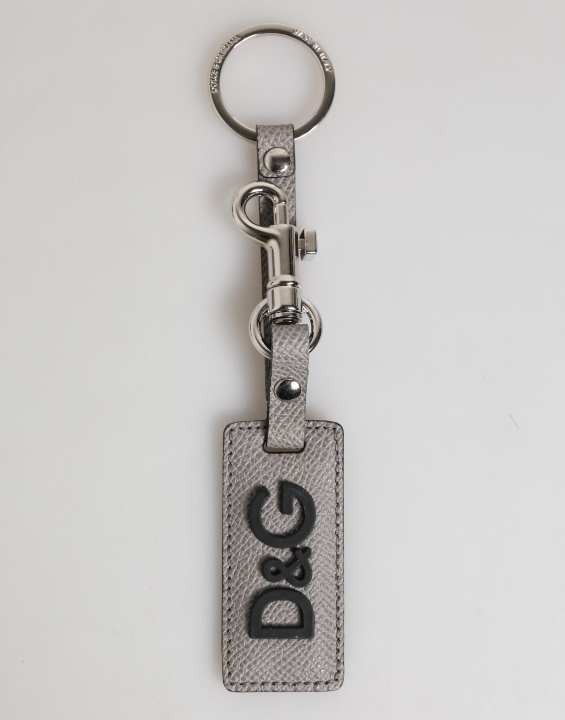 Gray Leather Logo Metal Ring Keychain Holder Men Keyring-Dolce & Gabbana-LabelTerrace.com