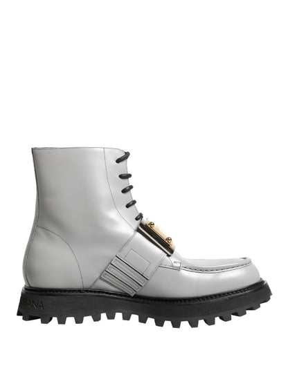 Gray Leather Logo Plaque Ankle Boots Shoes