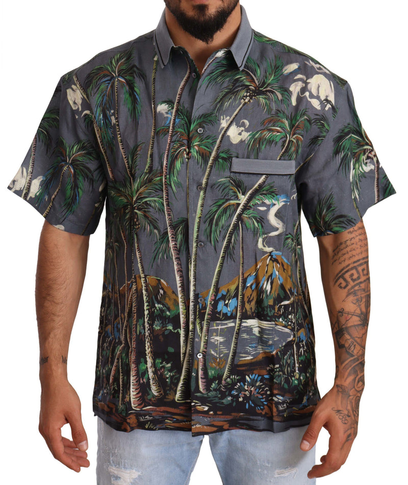 Gray Linen Tropical Print Collared Shirt-Dolce & Gabbana-LabelTerrace.com