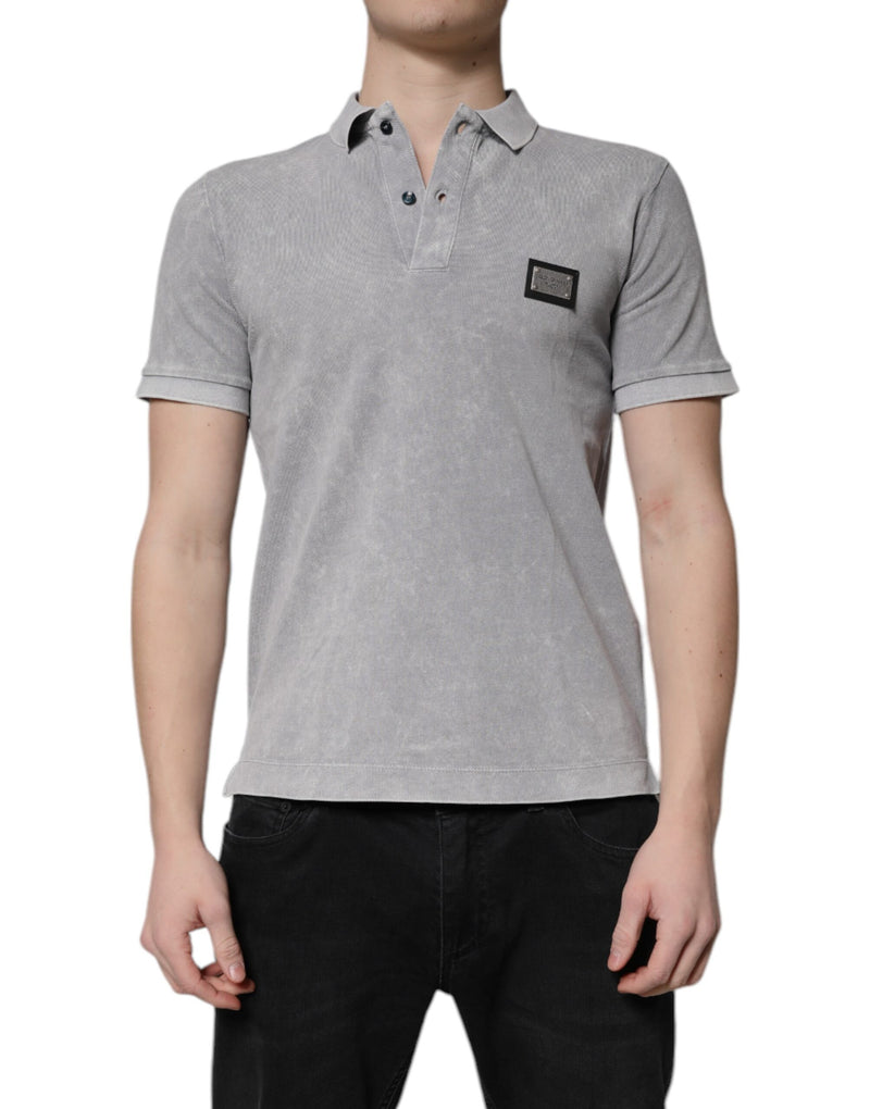 Gray Logo Plaque Cotton Men Polo Shirt T-shirt-Dolce & Gabbana-LabelTerrace.com