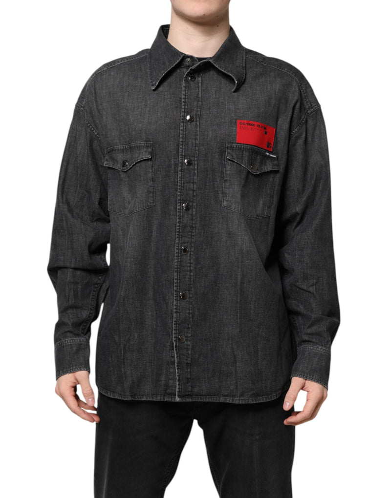 Gray Long Sleeves Button Down Denim Shirt-Dolce & Gabbana-LabelTerrace.com