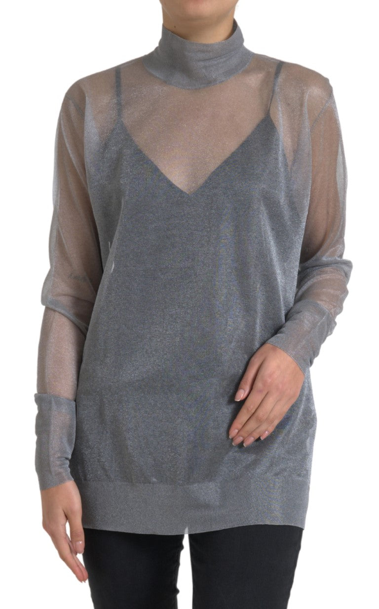 Gray Mesh Turtleneck Long Sleeve Blouse Top-Dolce & Gabbana-LabelTerrace.com