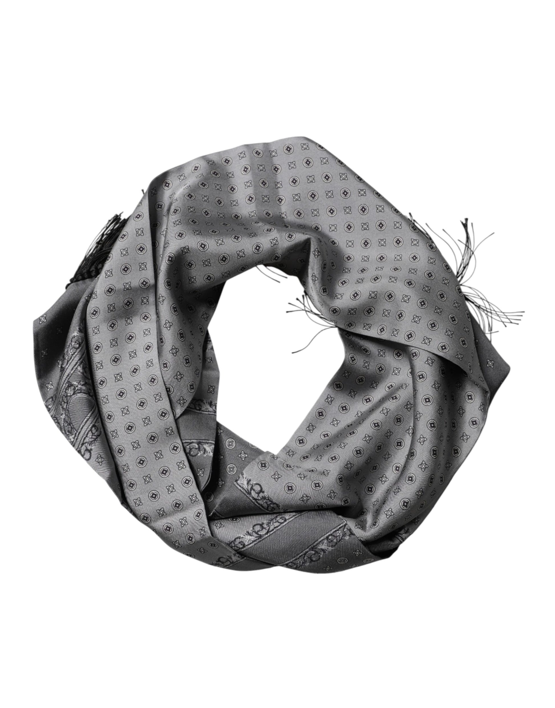 Gray Patterned Fringes Neck Foulard Scarf