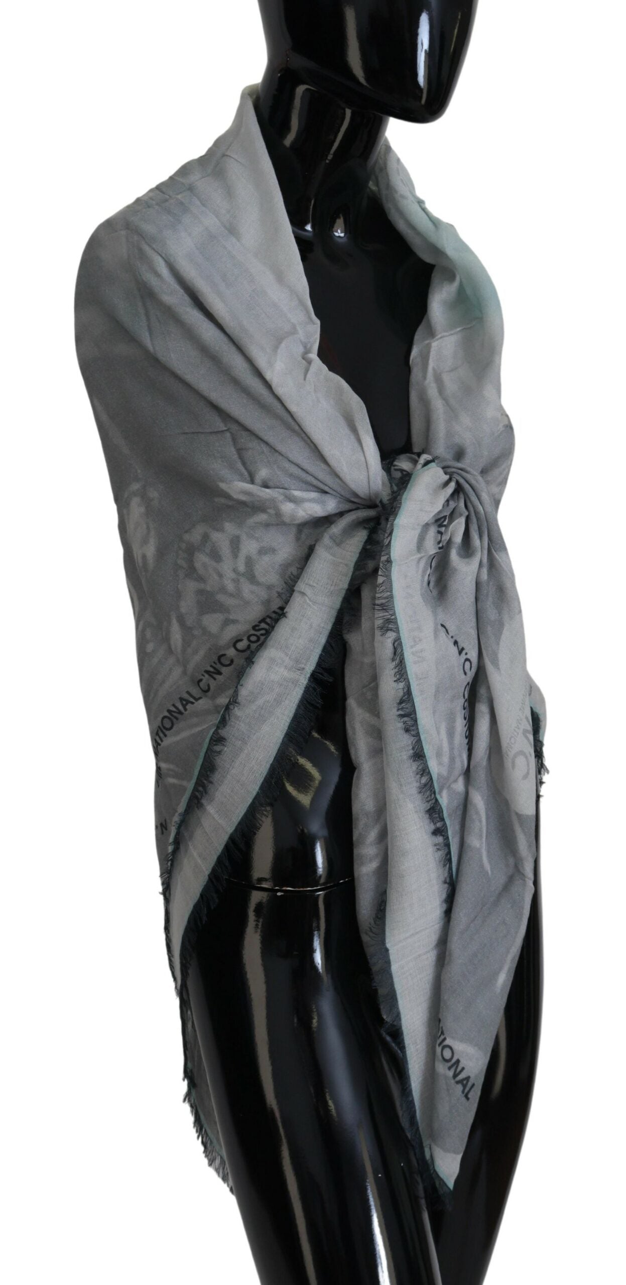 Gray Print Shawl Foulard Fringes Scarf-Costume National-LabelTerrace.com