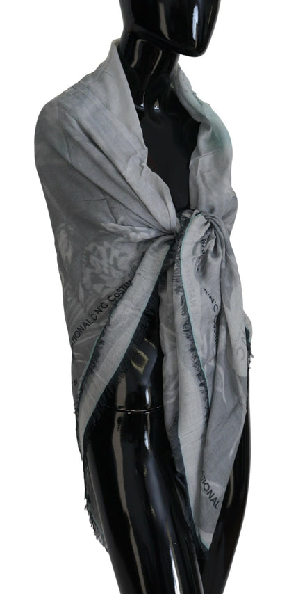 Gray Print Shawl Foulard Fringes Scarf-Costume National-LabelTerrace.com