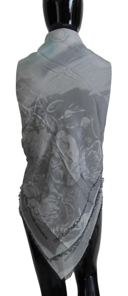 Gray Print Shawl Foulard Fringes Scarf-Costume National-LabelTerrace.com