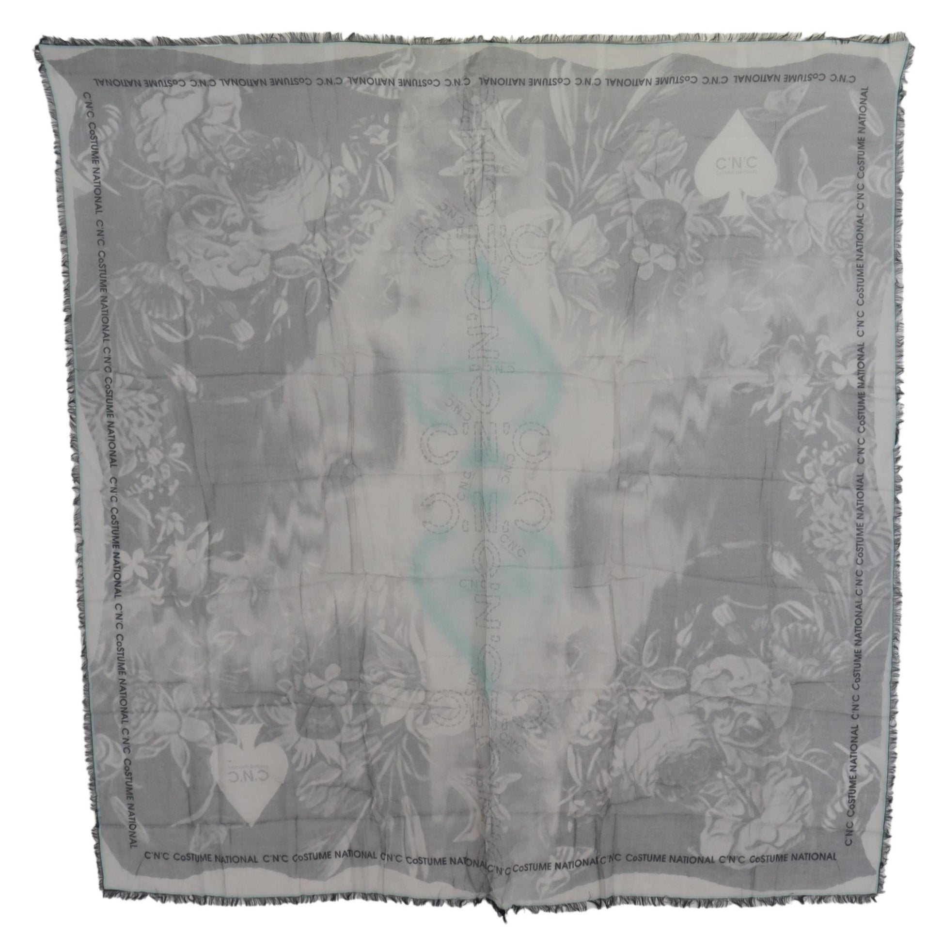 Gray Print Shawl Foulard Fringes Scarf-Costume National-LabelTerrace.com