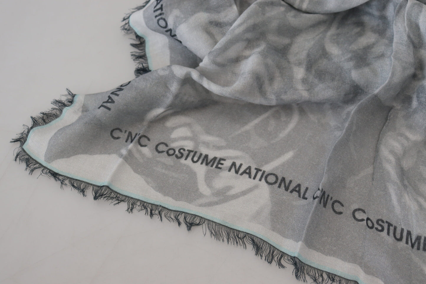 Gray Print Shawl Foulard Fringes Scarf-Costume National-LabelTerrace.com