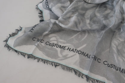Gray Print Shawl Foulard Fringes Scarf-Costume National-LabelTerrace.com