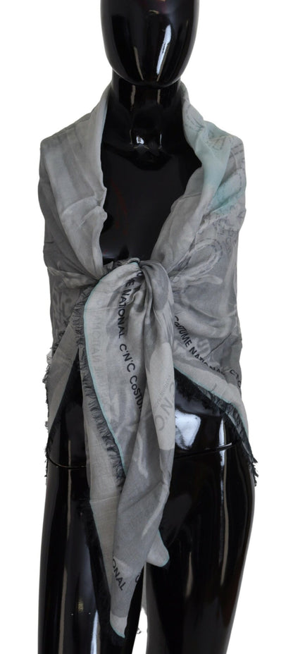 Gray Print Shawl Foulard Fringes Scarf-Costume National-LabelTerrace.com
