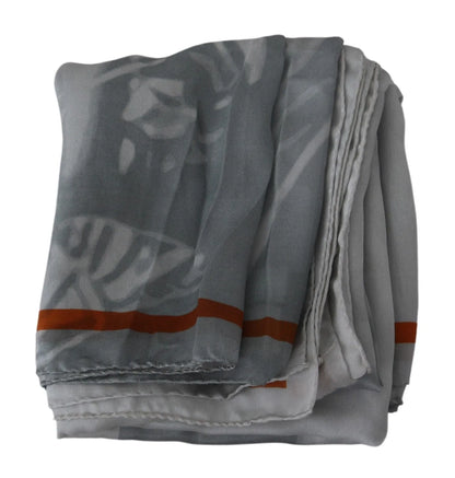 Gray Red Silk Shawl Foulard Wrap Scarf-Costume National-LabelTerrace.com