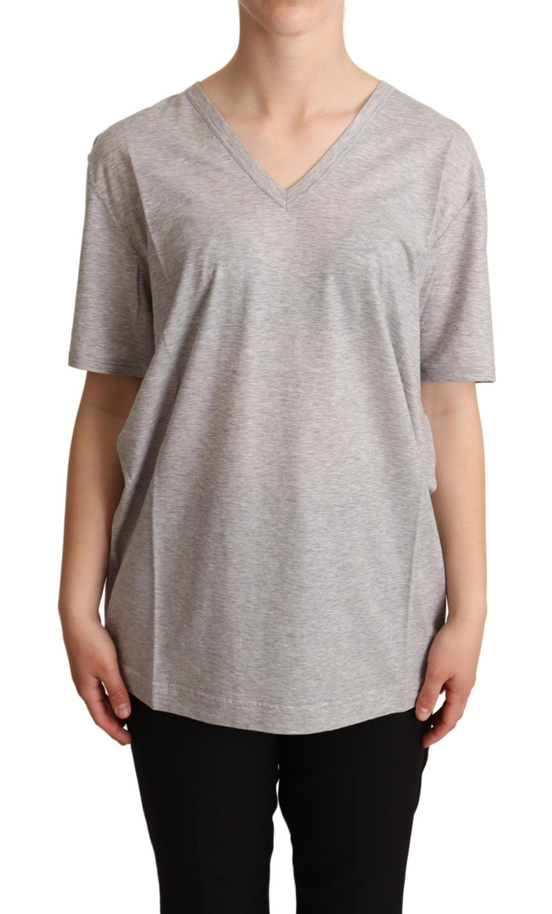 Gray Solid 100% Cotton V-neck Top T-shirt-Dolce & Gabbana-LabelTerrace.com