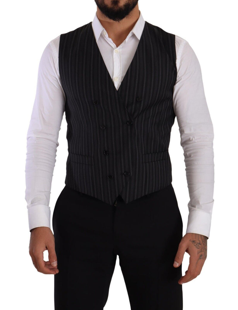 Gray Striped Double Breasted Waistcoat Vest-Dolce & Gabbana-LabelTerrace.com