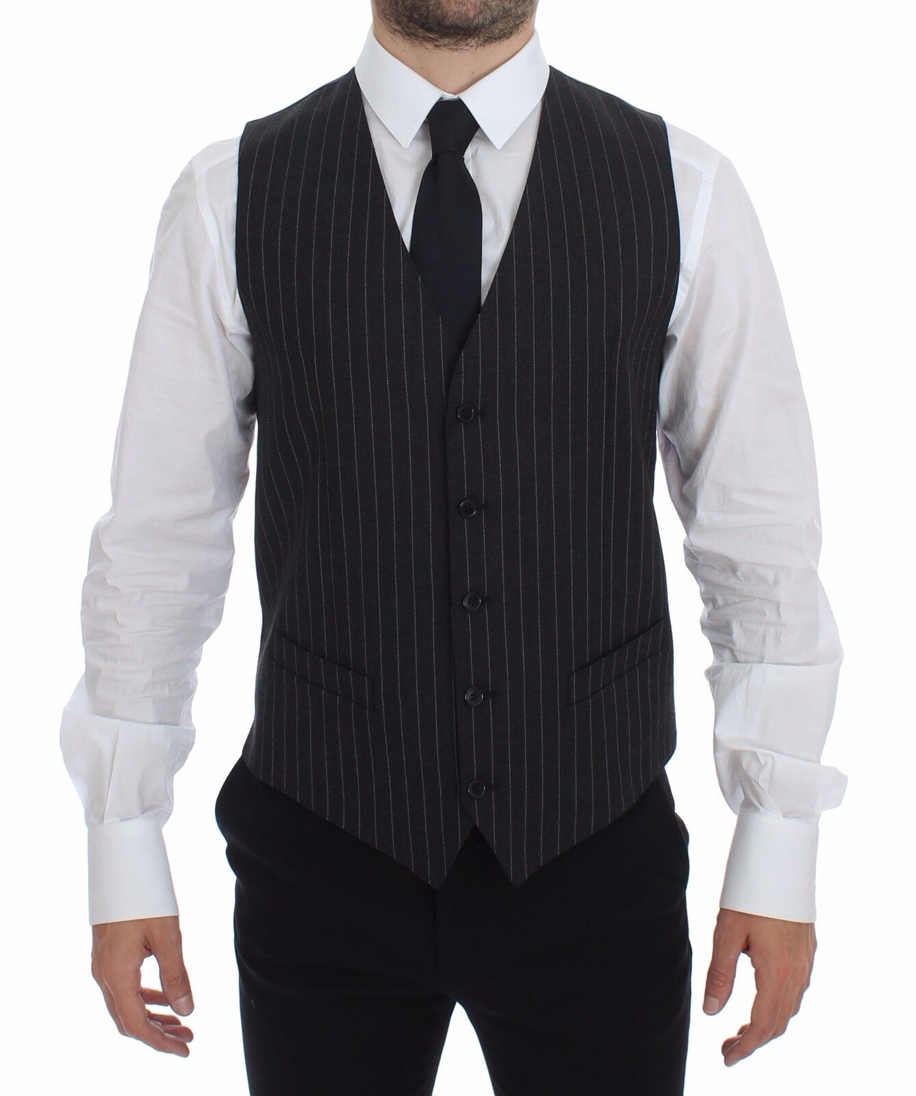 Gray Striped Wool Logo Vest Gilet Weste-Dolce & Gabbana-LabelTerrace.com