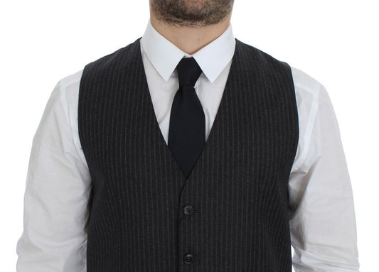 Gray Striped Wool Single Breasted Vest-Dolce & Gabbana-LabelTerrace.com