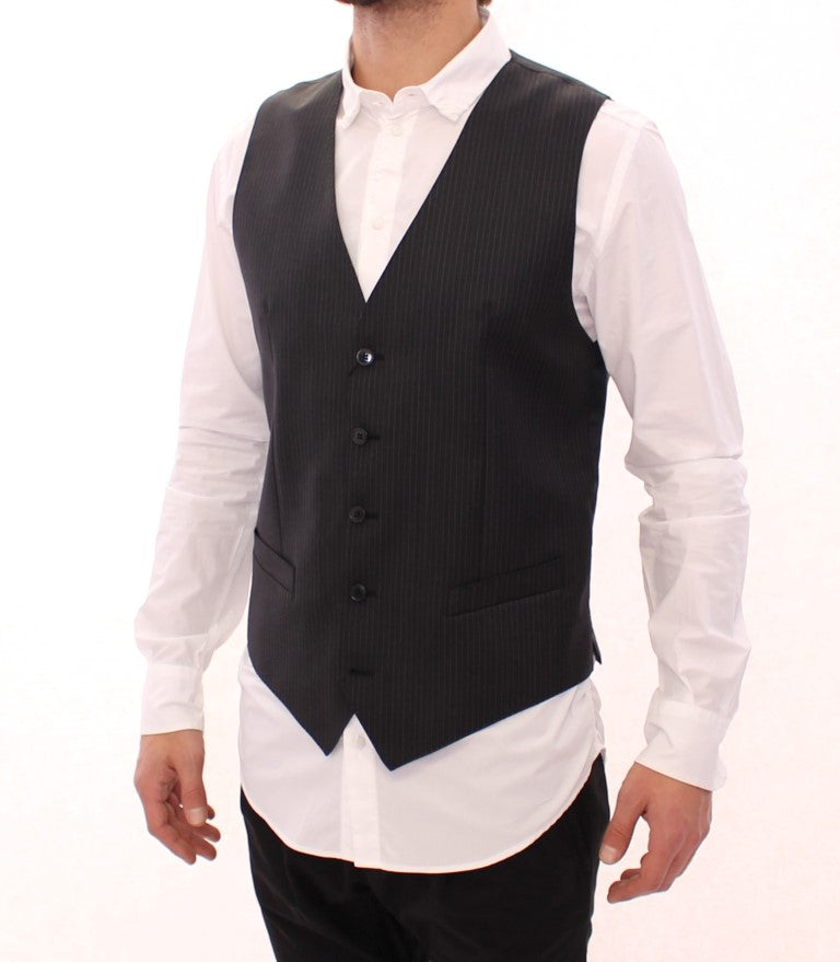 Gray Striped Wool Single Breasted Vest-Dolce & Gabbana-LabelTerrace.com