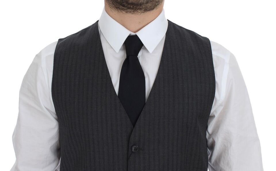 Gray Striped Wool Single Breasted Vest-Dolce & Gabbana-LabelTerrace.com