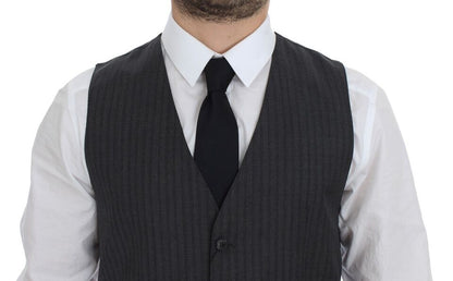 Gray Striped Wool Single Breasted Vest-Dolce & Gabbana-LabelTerrace.com