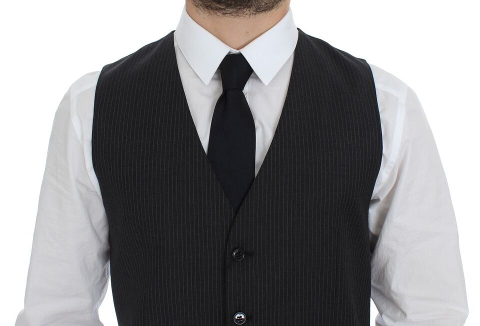 Gray Striped Wool Single Breasted Vest-Dolce & Gabbana-LabelTerrace.com