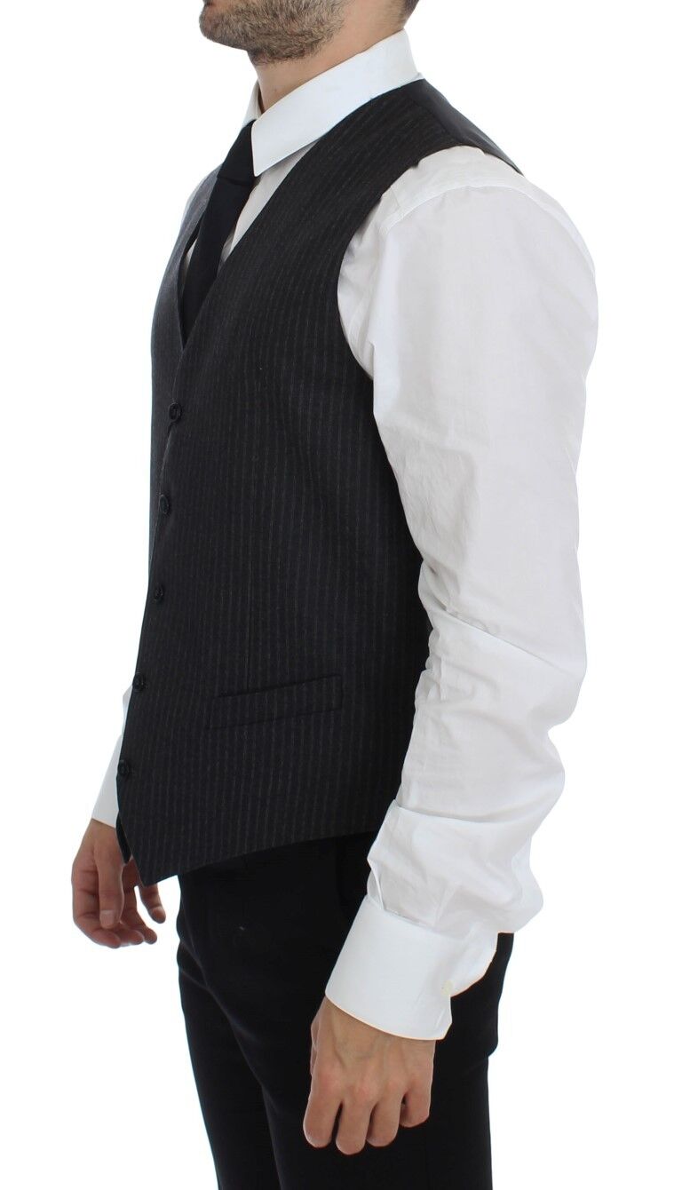 Gray Striped Wool Single Breasted Vest-Dolce & Gabbana-LabelTerrace.com