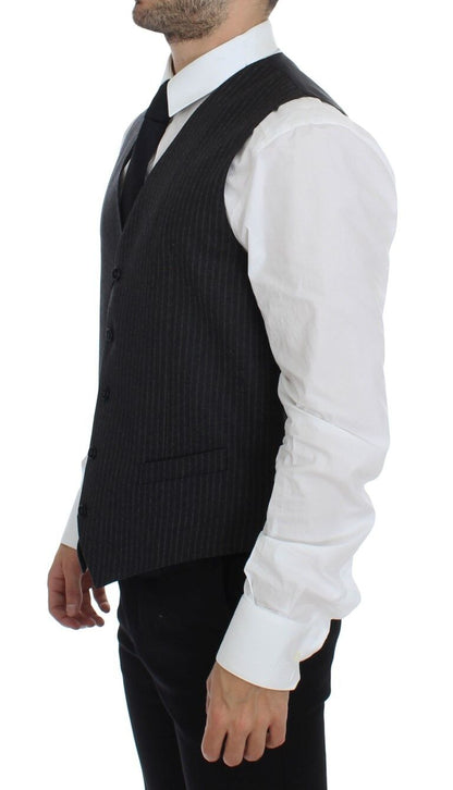 Gray Striped Wool Single Breasted Vest-Dolce & Gabbana-LabelTerrace.com