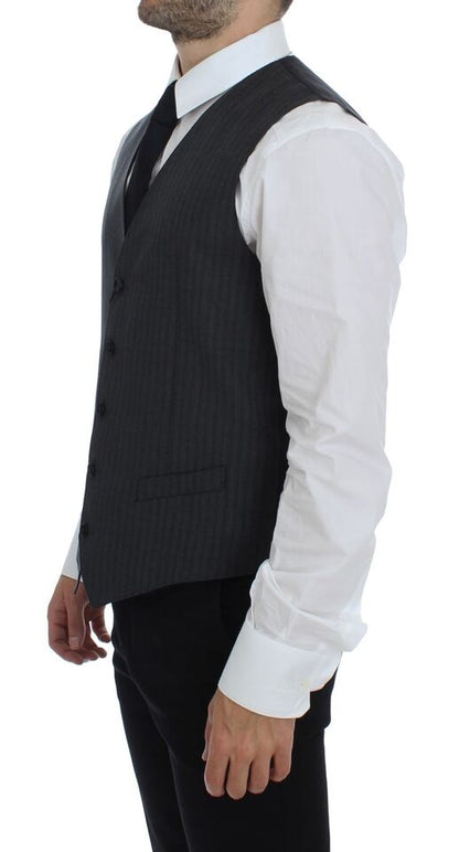 Gray Striped Wool Single Breasted Vest-Dolce & Gabbana-LabelTerrace.com