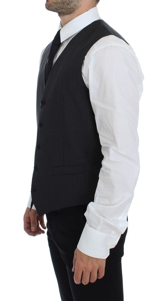 Gray Striped Wool Single Breasted Vest-Dolce & Gabbana-LabelTerrace.com