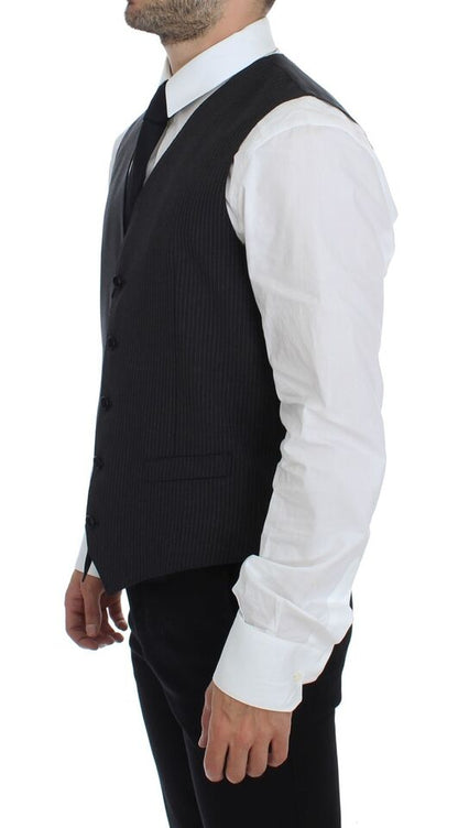 Gray Striped Wool Single Breasted Vest-Dolce & Gabbana-LabelTerrace.com