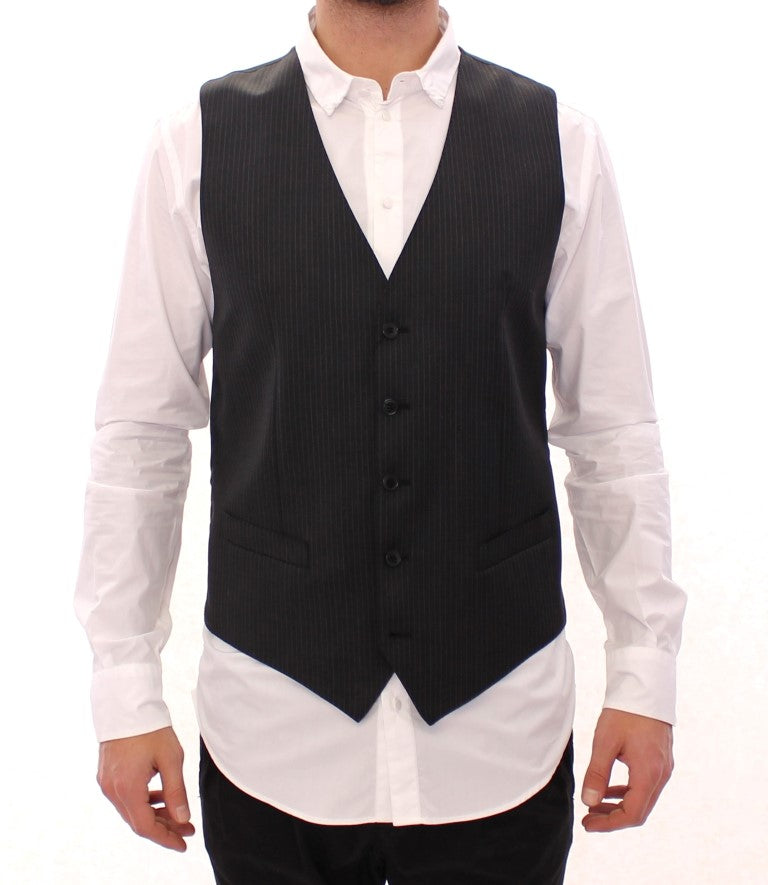 Gray Striped Wool Single Breasted Vest-Dolce & Gabbana-LabelTerrace.com