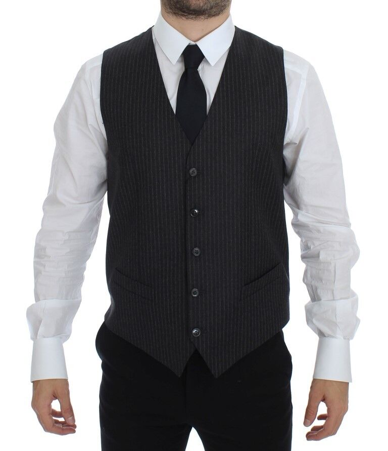 Gray Striped Wool Single Breasted Vest-Dolce & Gabbana-LabelTerrace.com