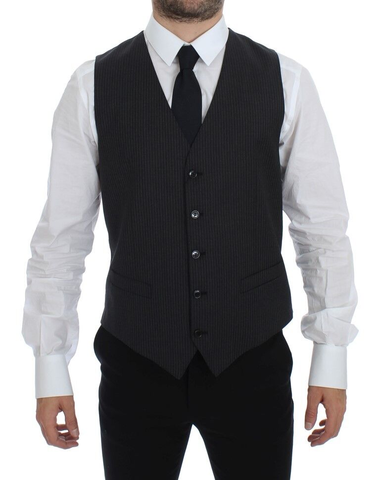 Gray Striped Wool Single Breasted Vest-Dolce & Gabbana-LabelTerrace.com