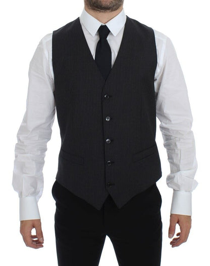 Gray Striped Wool Single Breasted Vest-Dolce & Gabbana-LabelTerrace.com