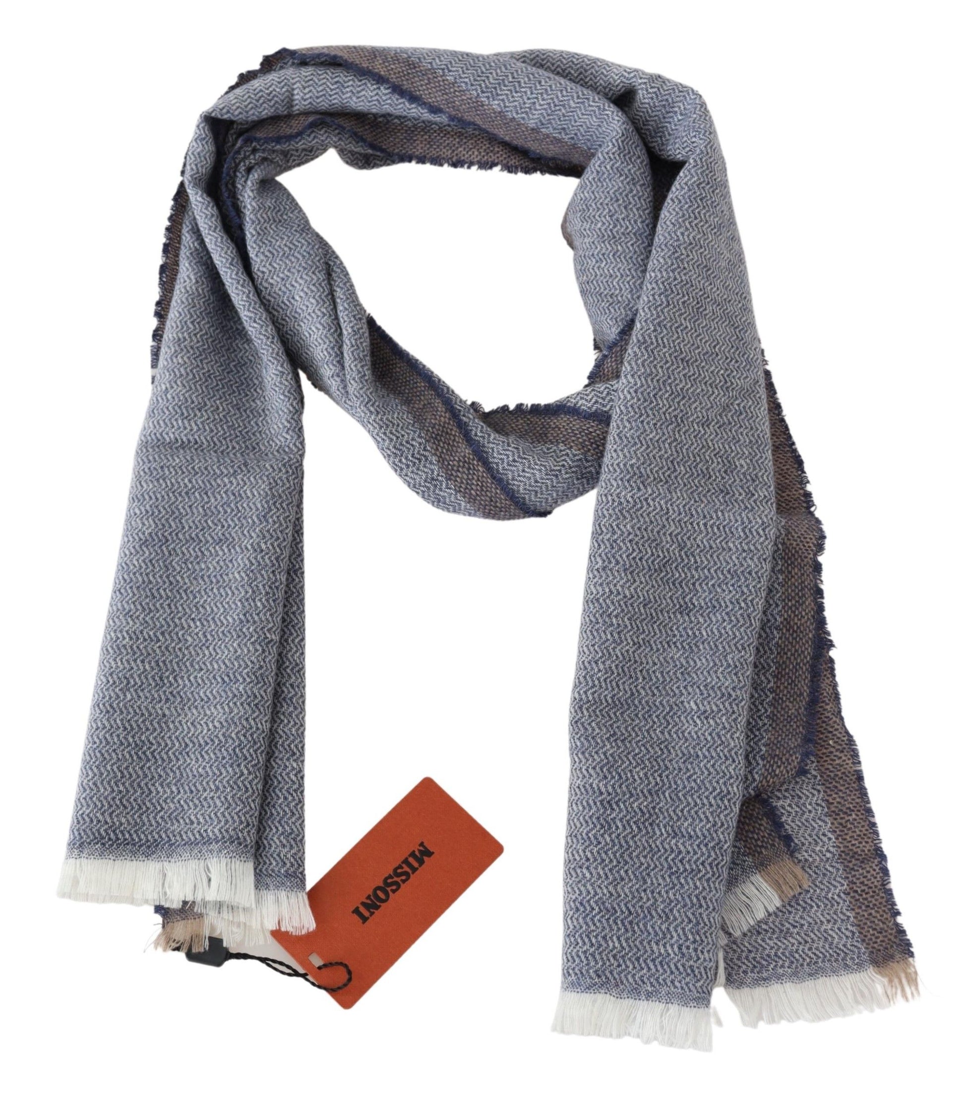 Gray Striped Wool Unisex Neck Wrap Fringes Scarf-Missoni-LabelTerrace.com