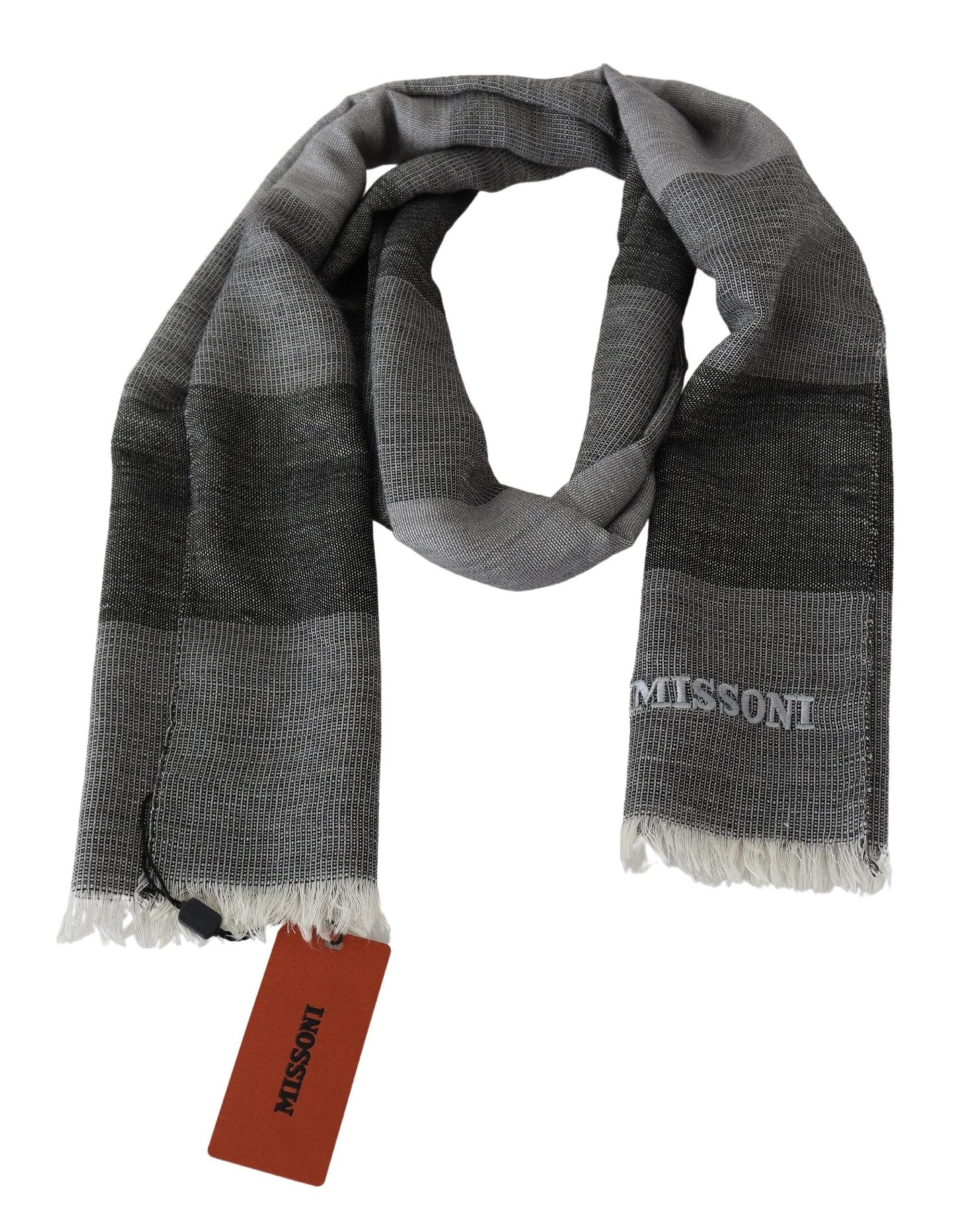 Gray Striped Wool Unisex Neck Wrap Fringes Scarf-Missoni-LabelTerrace.com