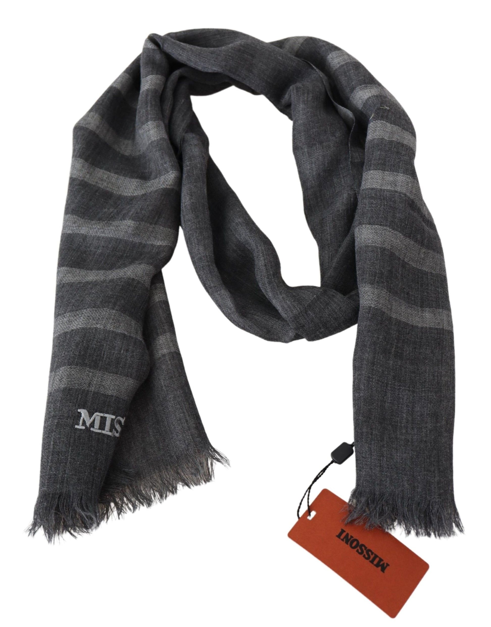 Gray Striped Wool Unisex Neck Wrap Fringes Scarf-Missoni-LabelTerrace.com