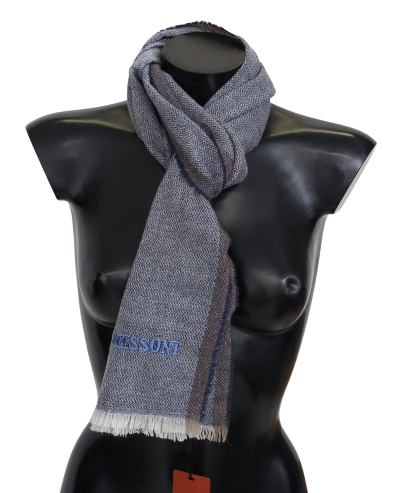 Gray Striped Wool Unisex Neck Wrap Fringes Scarf-Missoni-LabelTerrace.com
