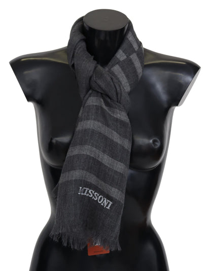 Gray Striped Wool Unisex Neck Wrap Fringes Scarf-Missoni-LabelTerrace.com
