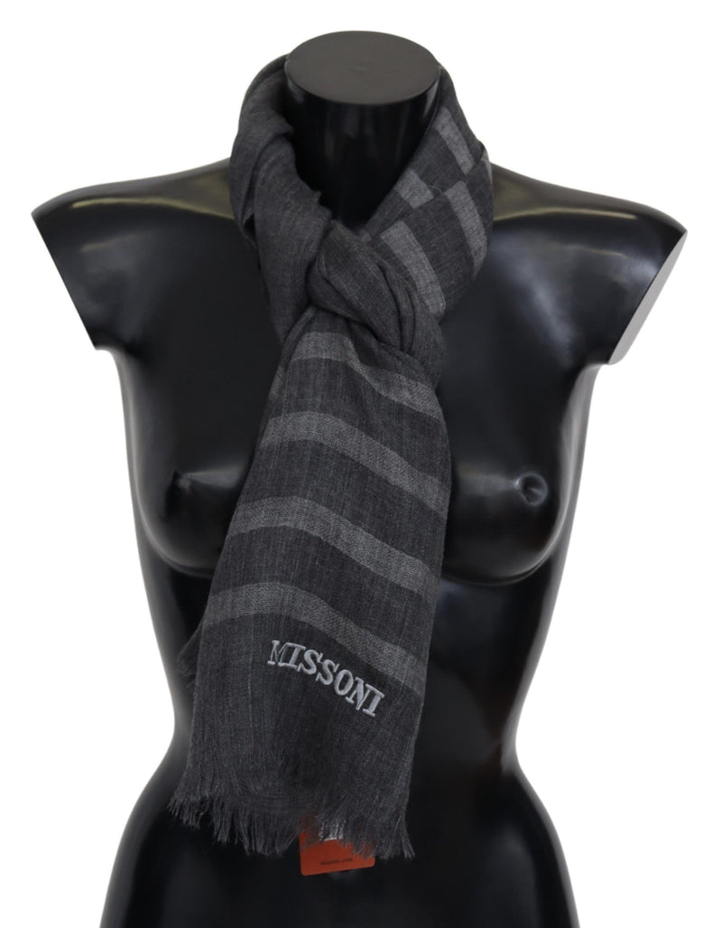Gray Striped Wool Unisex Neck Wrap Fringes Scarf-Missoni-LabelTerrace.com