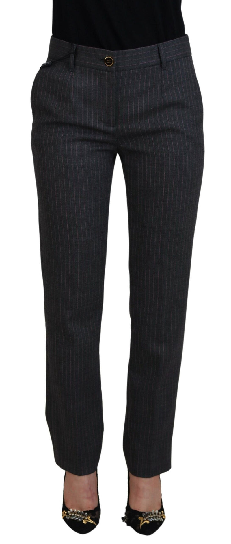 Gray Stripes Wool Tapered Women Pants-Dolce & Gabbana-LabelTerrace.com