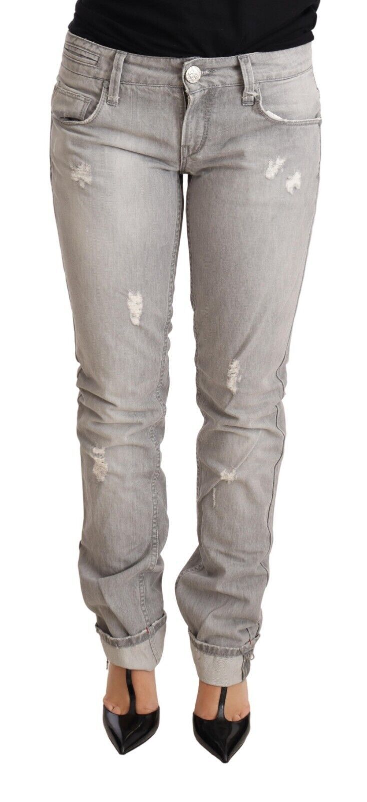 Gray Tattered Cotton Slim Fit Folded Hem Women Denim Jeans-Acht-LabelTerrace.com