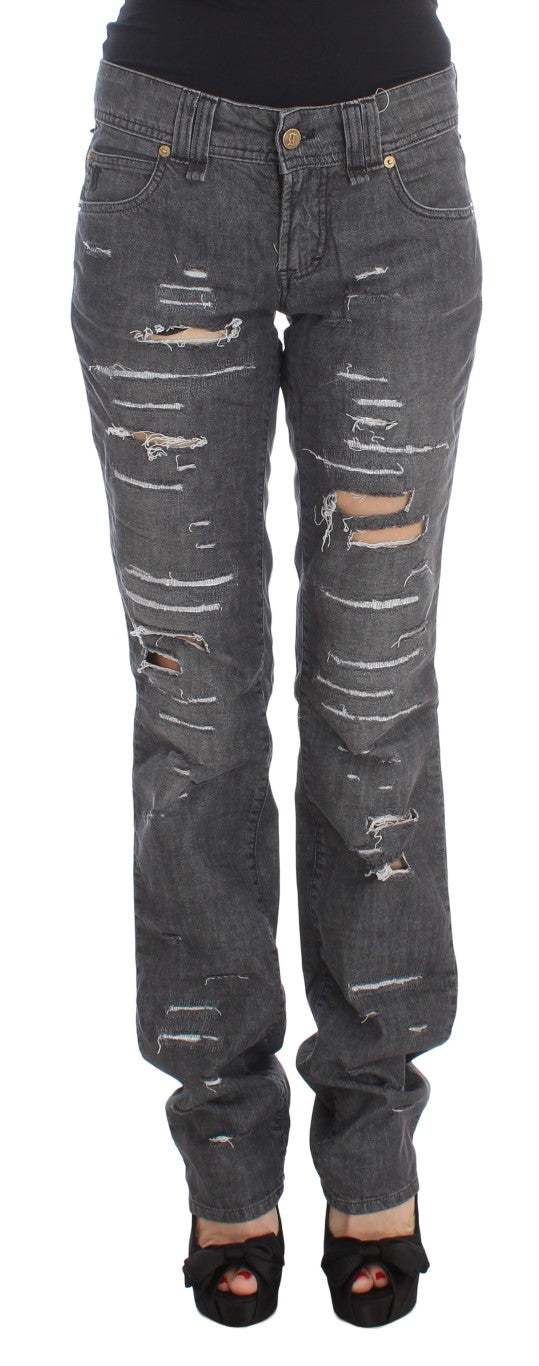 Gray Wash Cotton Torn Straight Fit Jeans-John Galliano-LabelTerrace.com