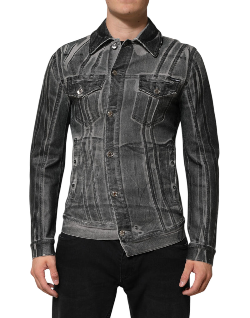 Gray Washed Cotton Stretch Denim Jacket-Dolce & Gabbana-LabelTerrace.com