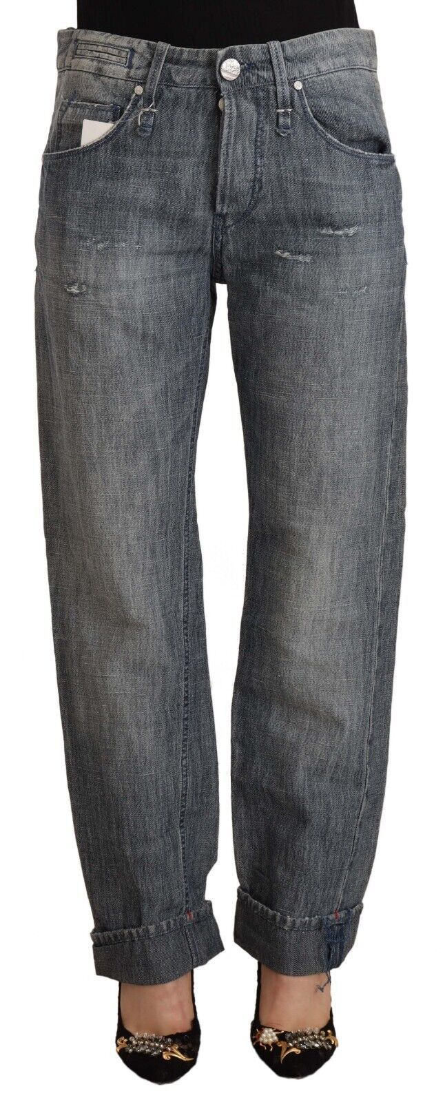 Gray Washed Mid Waist Straight Denim Folded Hem Jeans-Acht-LabelTerrace.com