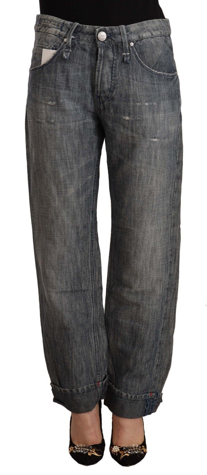Gray Washed Ramie Straight Denim Folded Hem Jeans-Acht-LabelTerrace.com