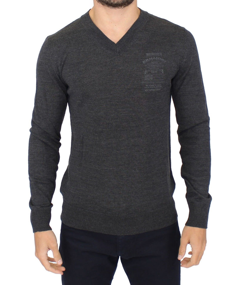 Gray Wool Blend V-neck Pullover Sweater-Ermanno Scervino-LabelTerrace.com