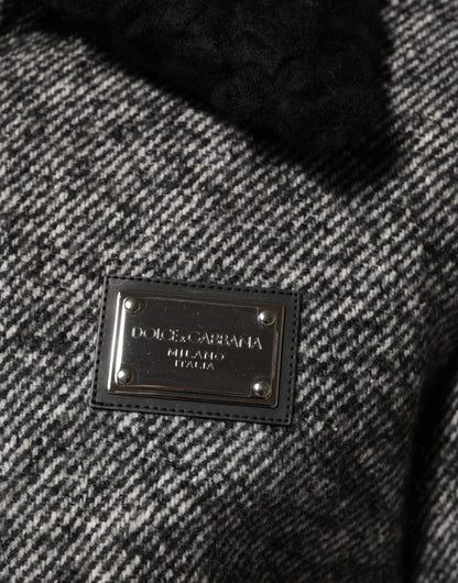 Gray Wool Herringbone Shearling Collar Bomber Jacket