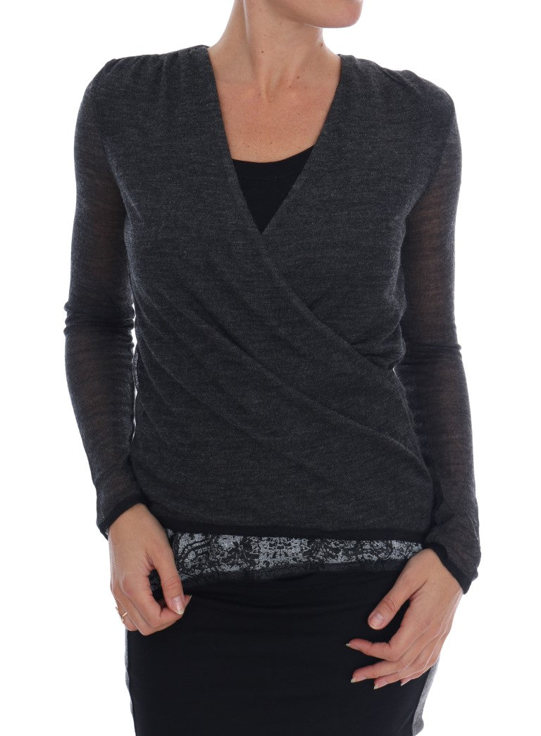 Gray Wool Lace Top Long Sleeved T-shirt-Ermanno Scervino-LabelTerrace.com