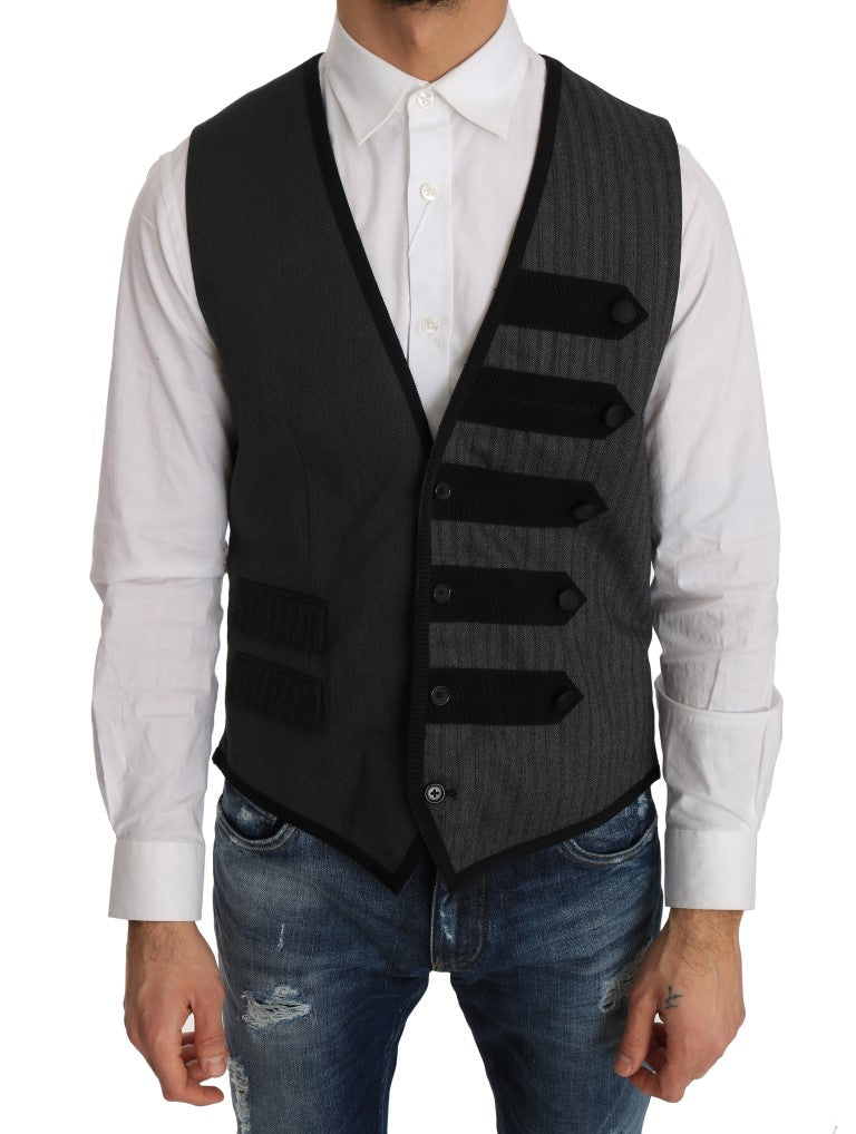 Gray Wool Patterned Slim Vest-Dolce & Gabbana-LabelTerrace.com