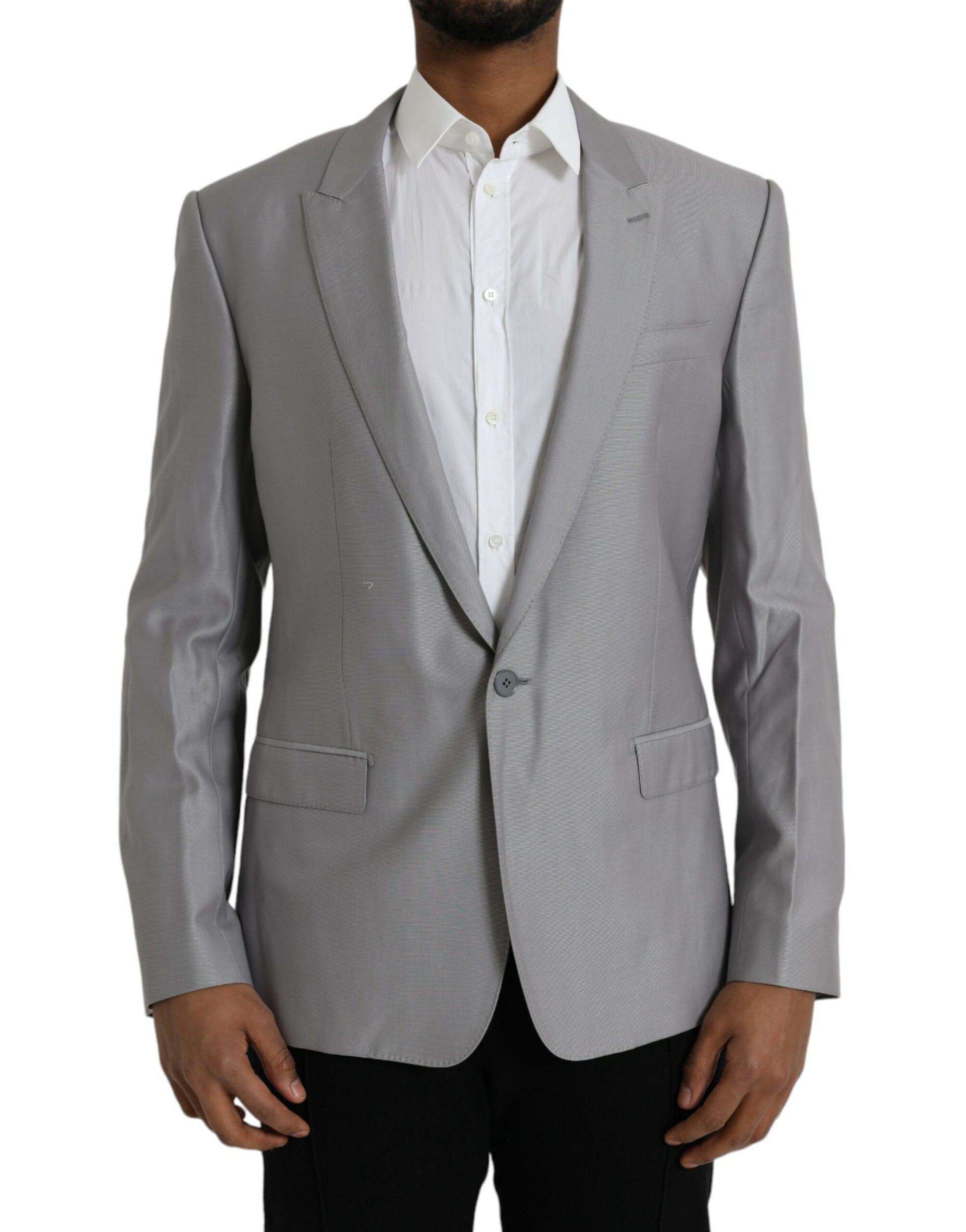 Gray Wool Peak Single Breasted Coat Blazer-Dolce & Gabbana-LabelTerrace.com